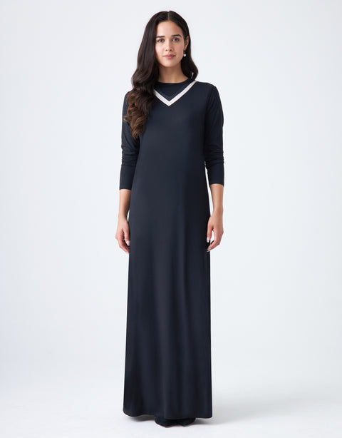 Pull On Layered Nursing Nightgown with Satin Trimmed Vneck Black Ivory