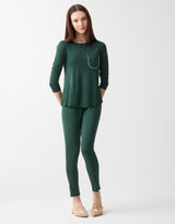 Satin Trimmed Soft Pajama Legging Set with Pocket Green
