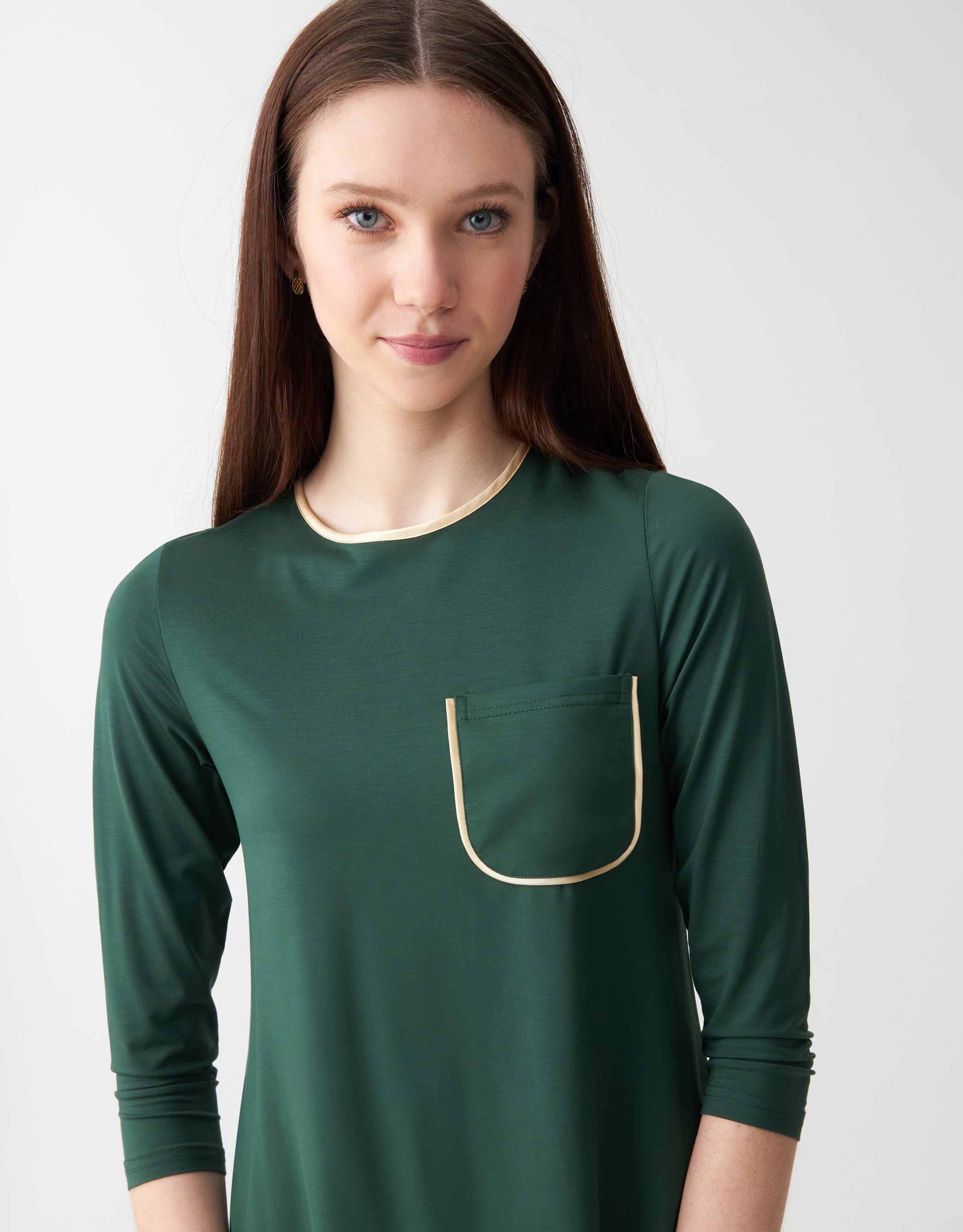 Satin Trimmed Soft Pajama Legging Set with Pocket Green