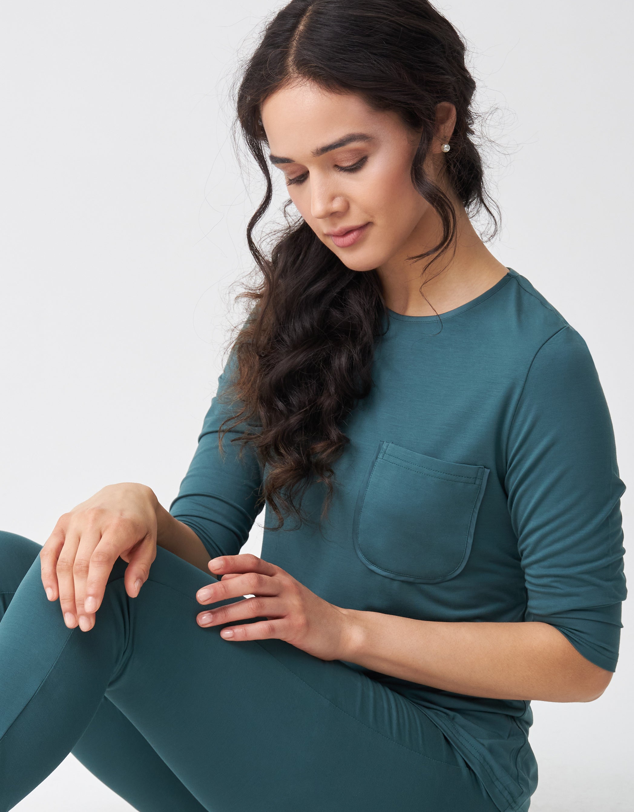 Satin Trimmed Soft Pajama Legging Set with Pocket Teal