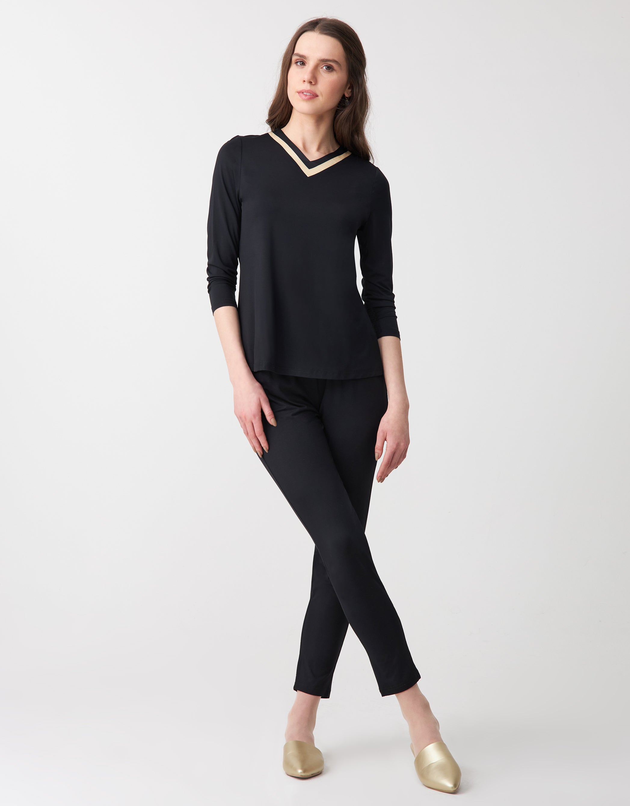 Soft Pajama Legging Set with Satin Trimmed Vneck Black