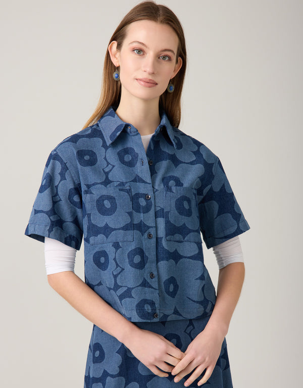 Cropped Denim Button Jacket Blooms Blue