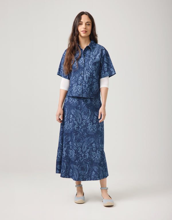 Cropped Denim Button Jacket Paisley Blue