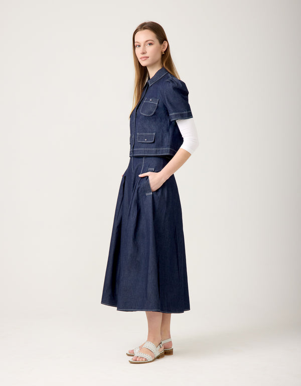 Puff Sleeve Button Bomber Jacket Denim Blue