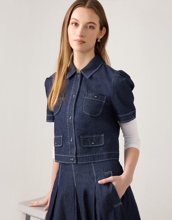 Puff Sleeve Button Bomber Jacket Denim Blue