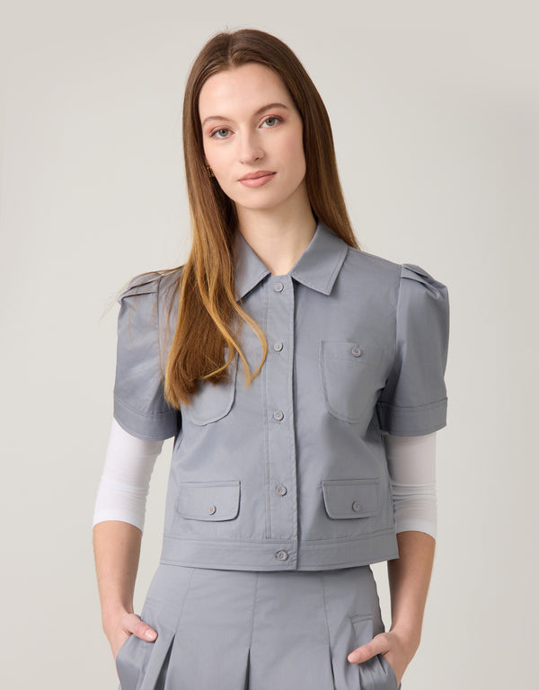 Puff Sleeve Button Bomber Jacket Dark Grey