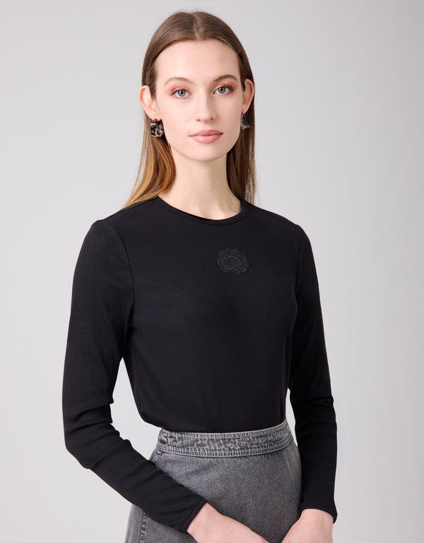 Ribbed Crew Tee with AppliqueBlack