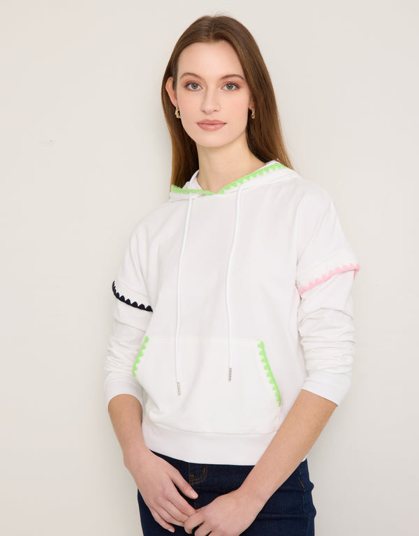 Pull On Hoodie with Crochet Trim Ivory Multi