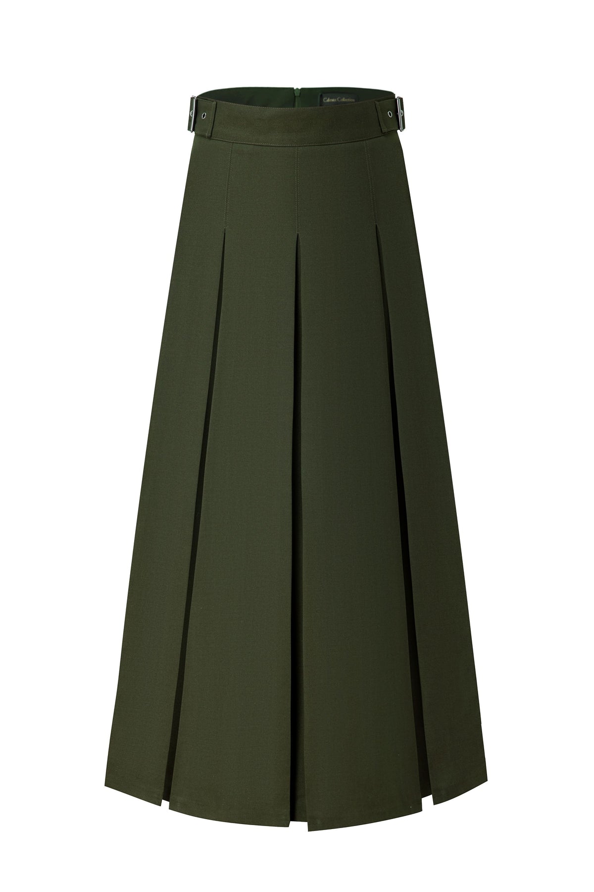 Dark Green 37" Belted Pleated Maxi Skirt
