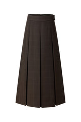 37" Brown Plaid Belted Pleated Maxi Skirt