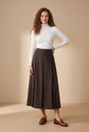 37" Brown Plaid Belted Pleated Maxi Skirt