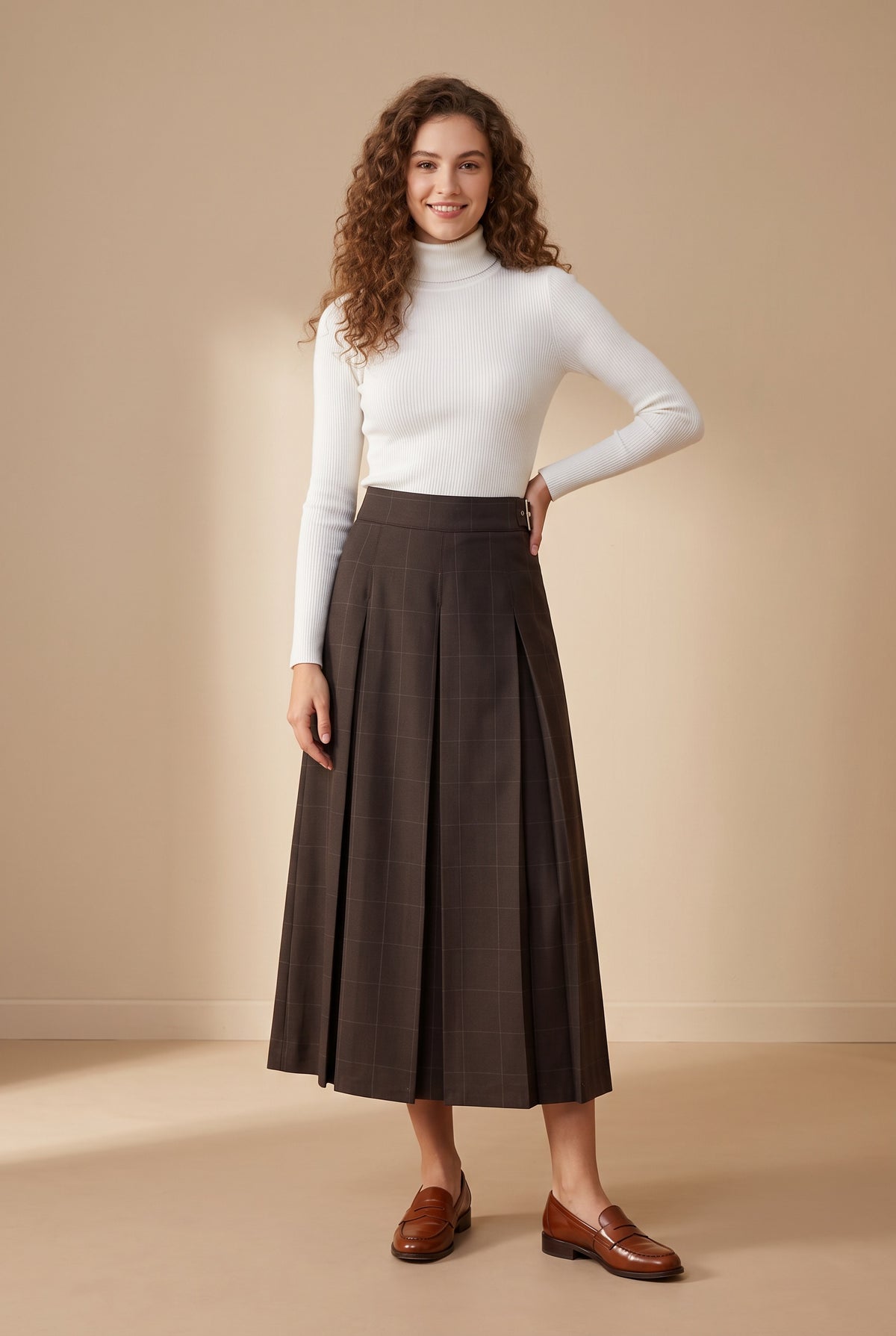 37" Brown Plaid Belted Pleated Maxi Skirt