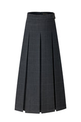 35" Grey Plaid Belted Pleated Maxi Skirt