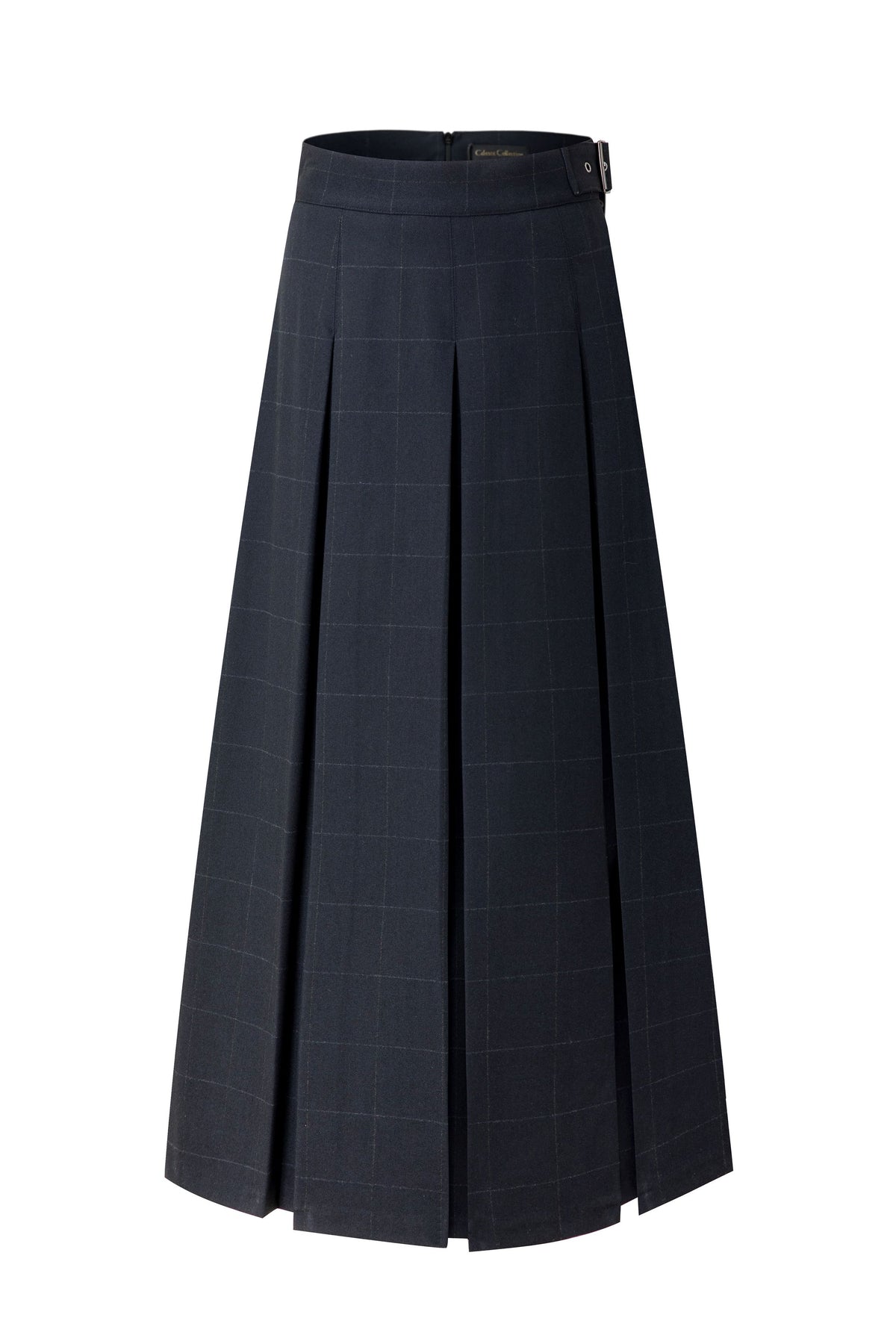 35" Navy Plaid Belted Pleated Maxi Skirt