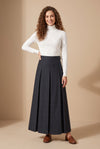 37" Navy Plaid Belted Pleated Maxi Skirt