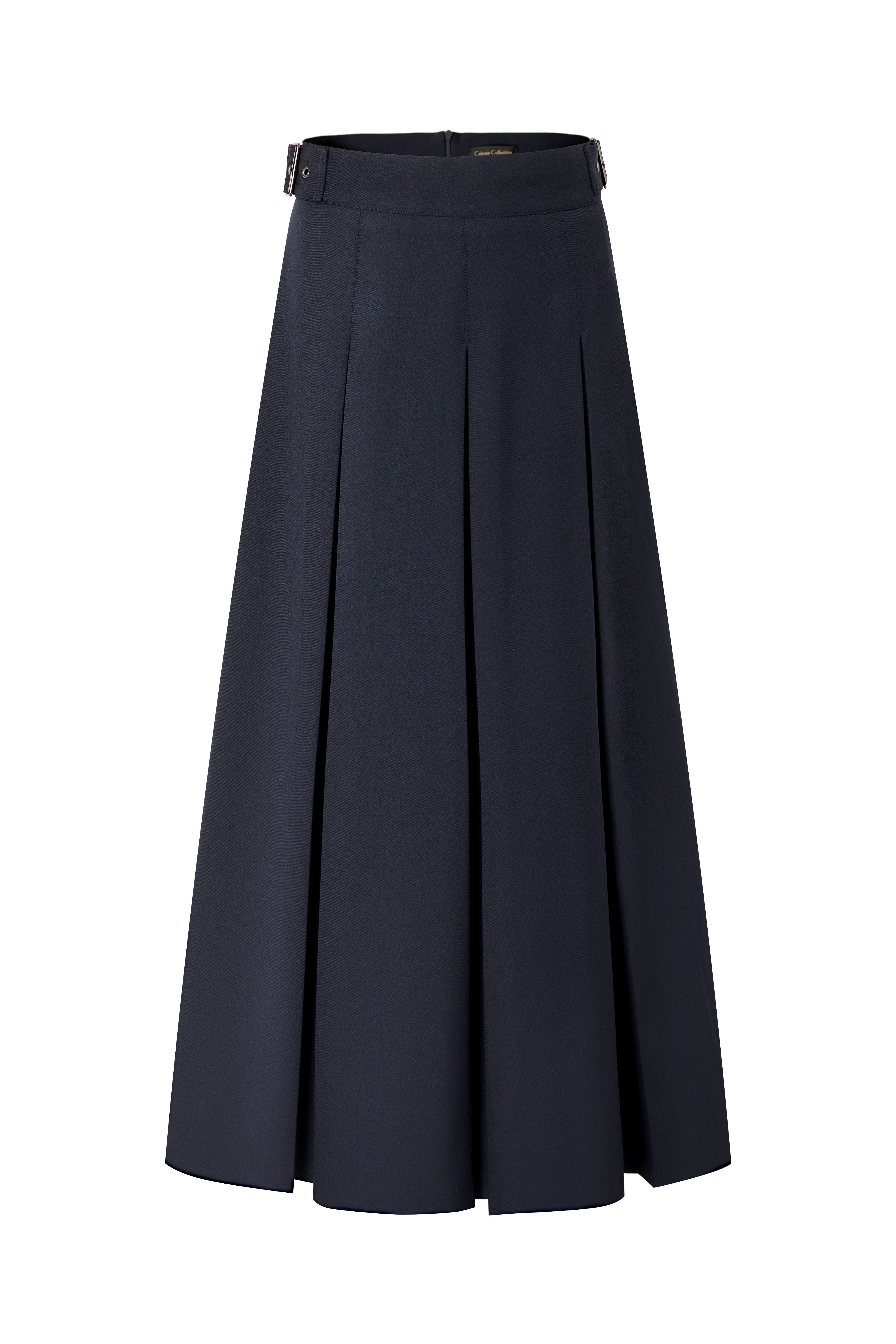 37" Navy Pleated Skirt With Side Buckles
