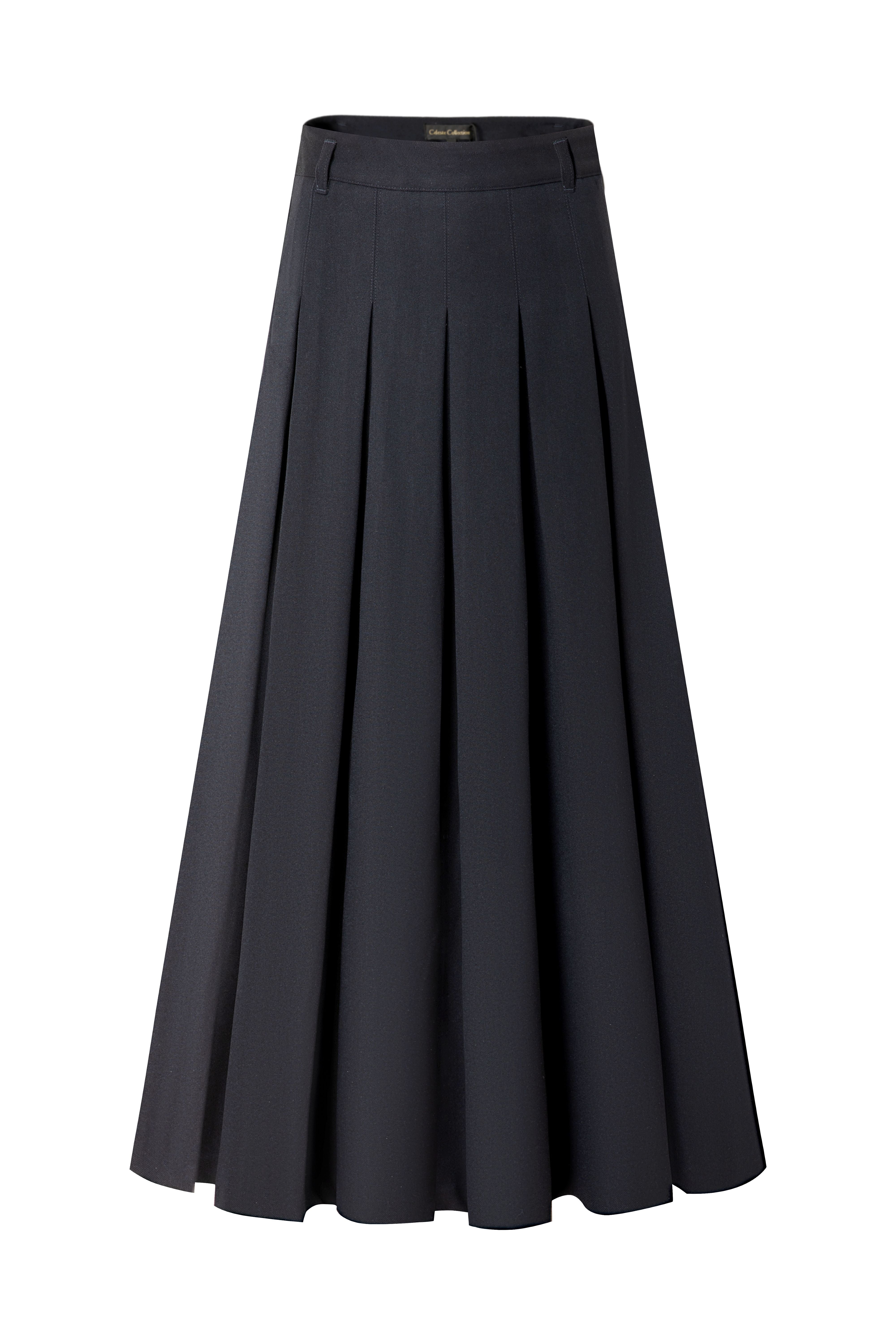 37" Navy Pleated Midi Skirt With Belt Loops