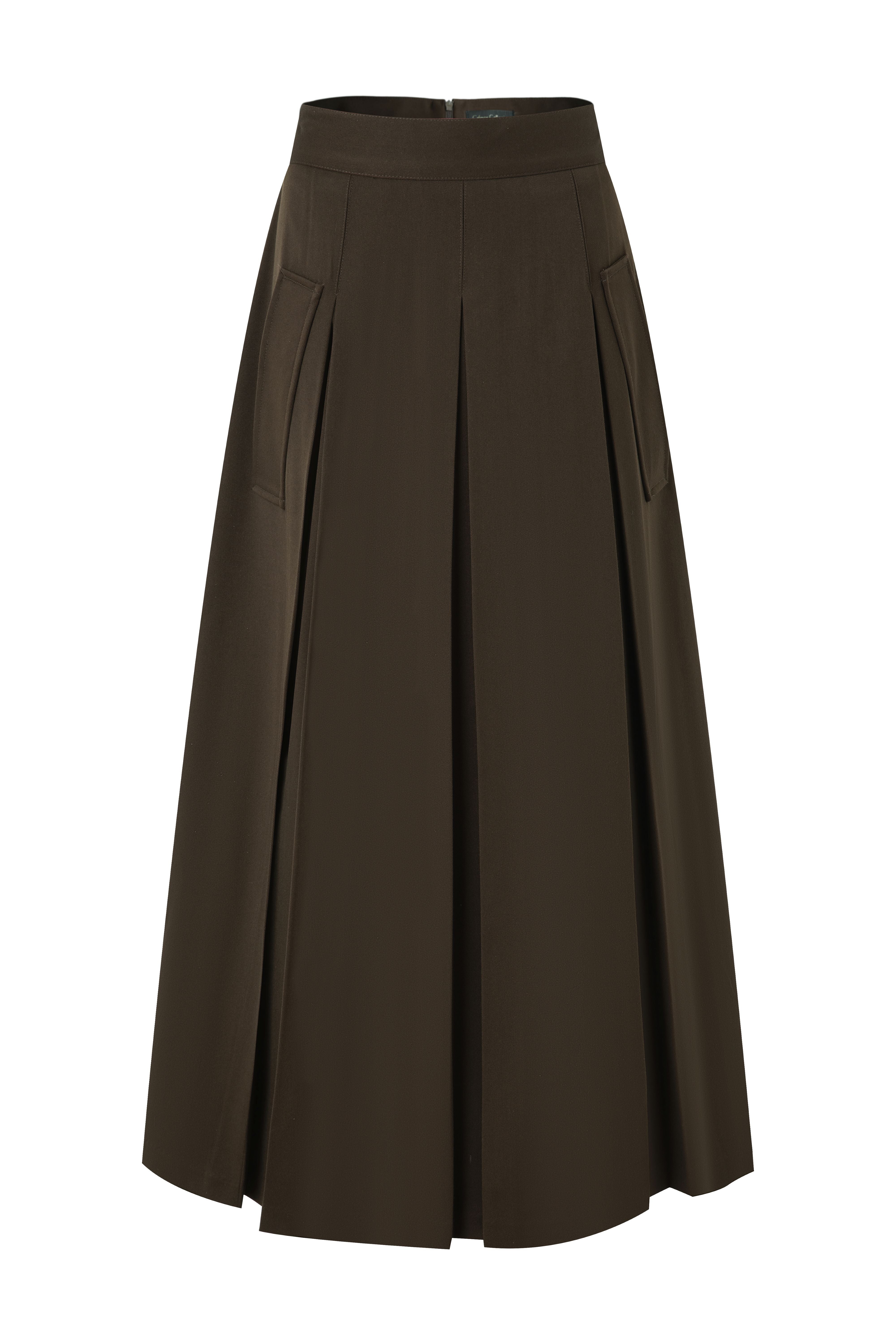 37" Dark Brown A-Line Midi Skirt With Pockets