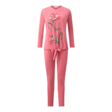Coral pink floral pajama set with long-sleeve top, front tie, and matching pants