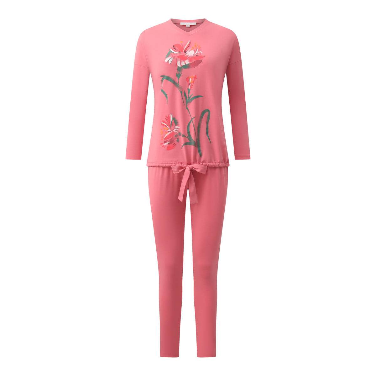 Coral pink floral pajama set with long-sleeve top, front tie, and matching pants