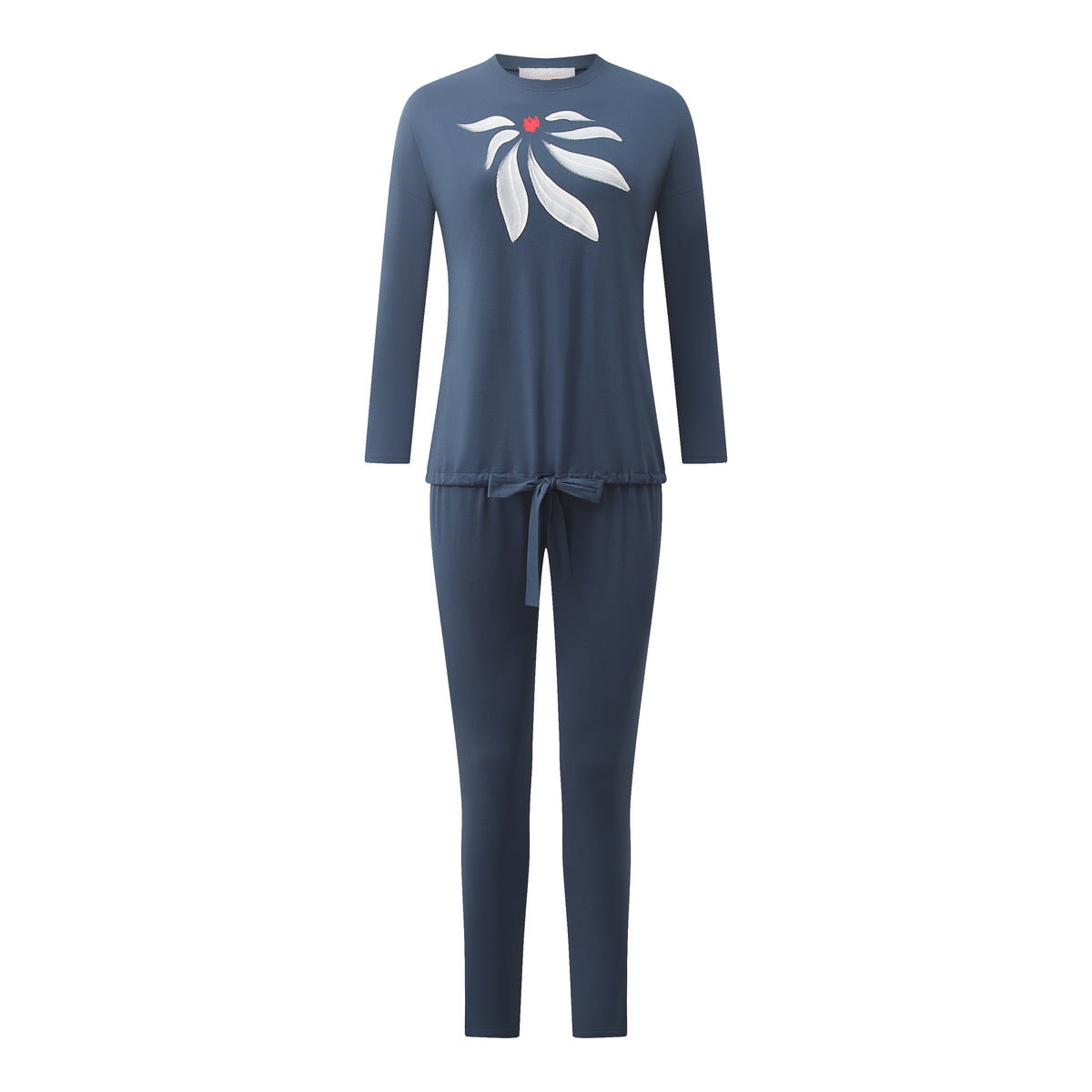 Blue two-piece pajama set with a long-sleeve top, tie-waist pants, and white bow print
