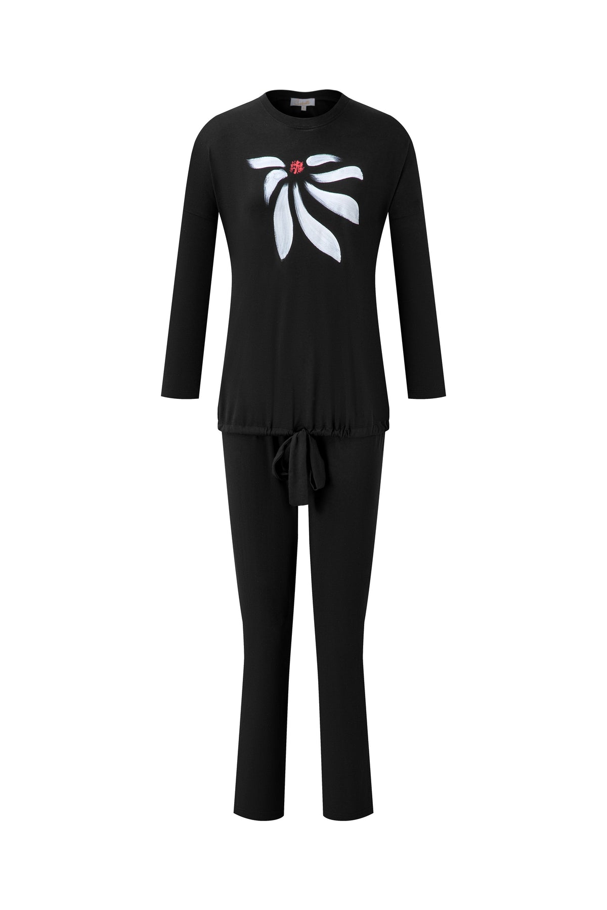 Black two-piece pajama set with a white bow print top and matching drawstring pants.