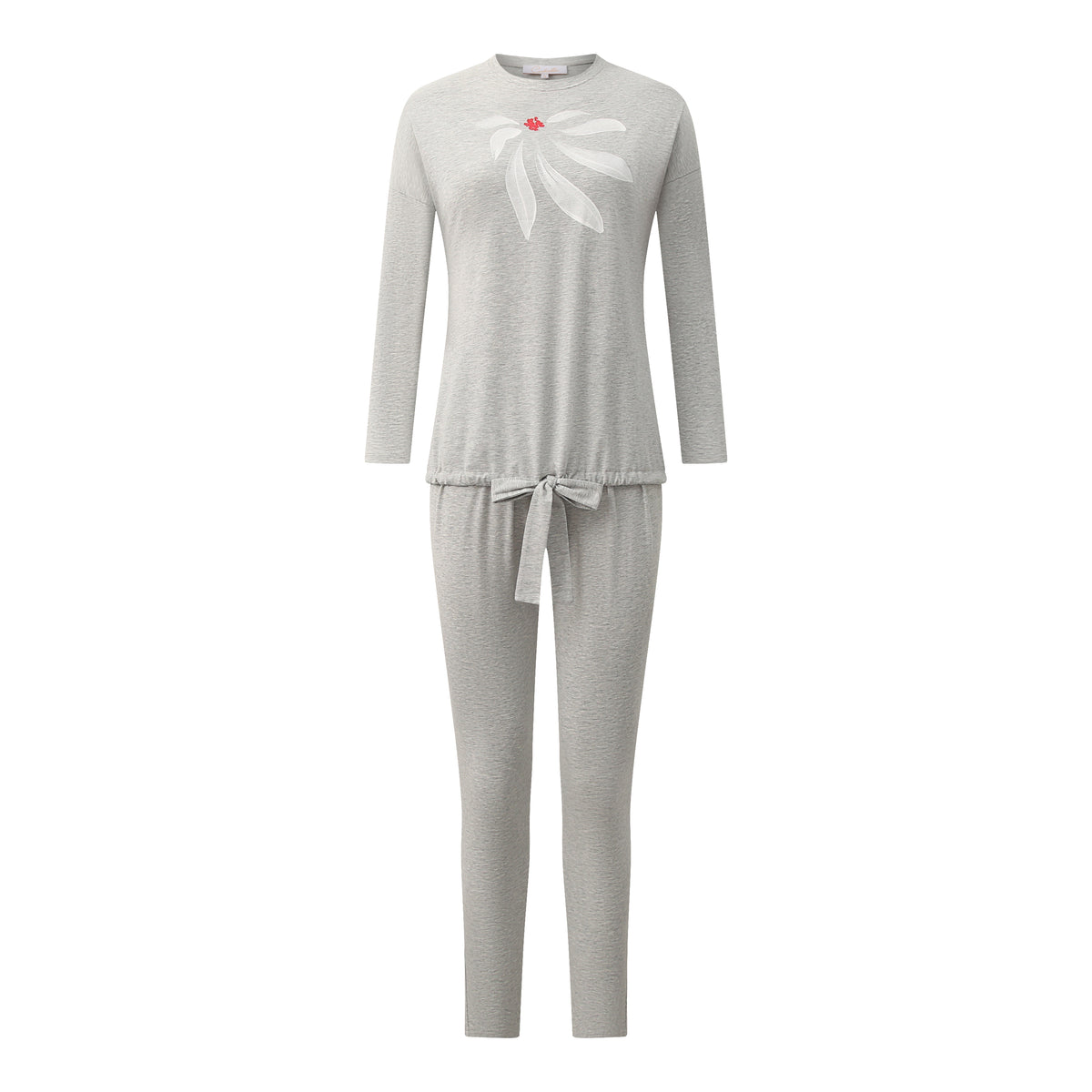 Grey pajama set displayed flat, with a long-sleeve top, drawstring pants and white bow print