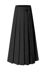 Black pleated maxi skirt with button detail and waist tie ribbon.