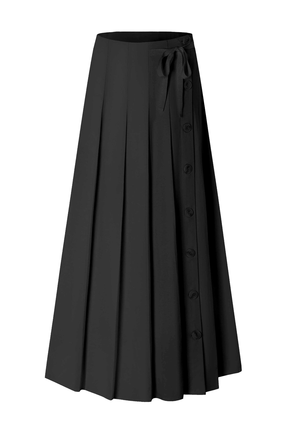 Black pleated maxi skirt with button detail and waist tie ribbon.