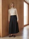 Black pleated maxi skirt with tied waist and button front detail