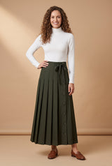 37" Green Pinstripe Button Detail Pleated Maxi Skirt