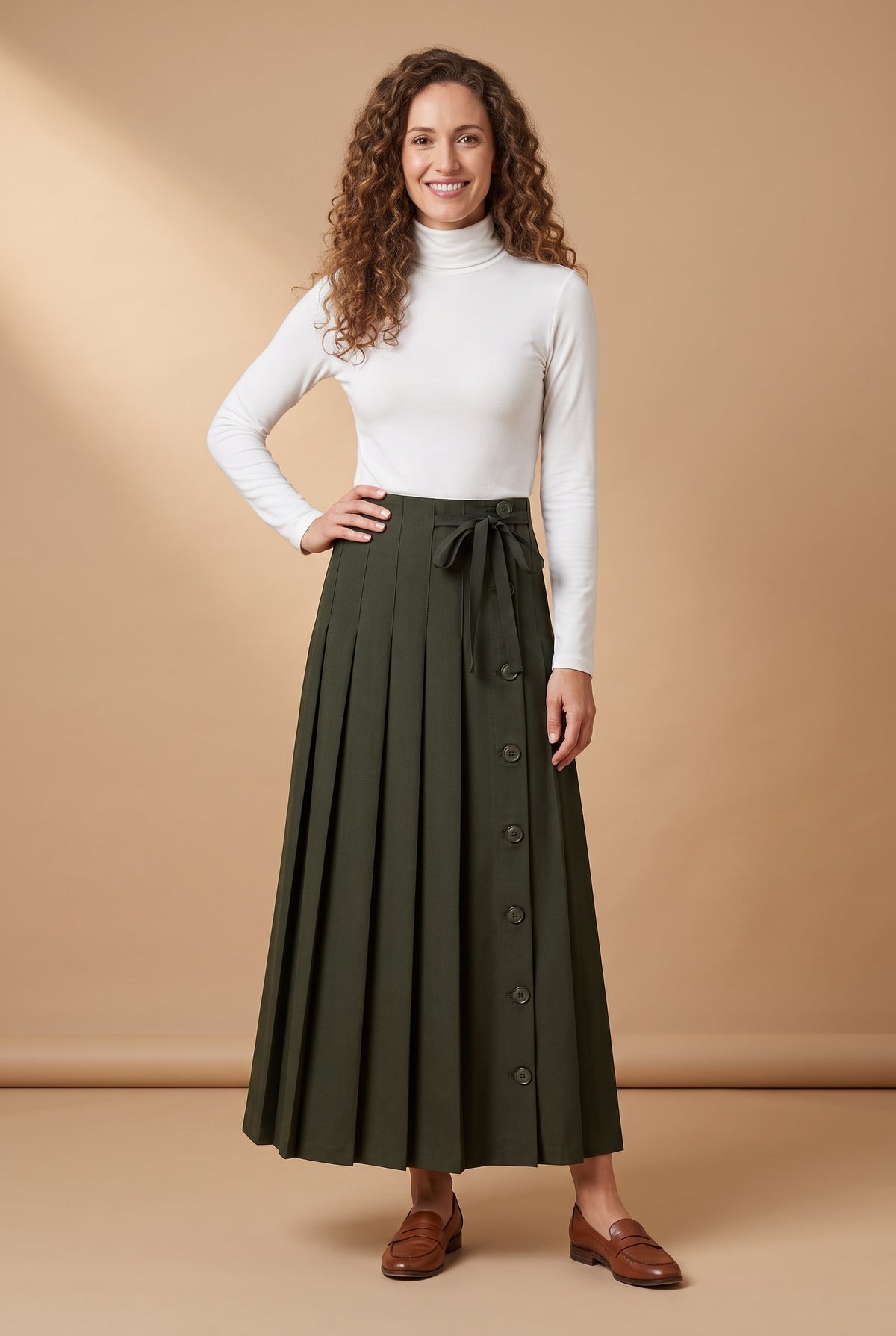 37" Green Pinstripe Button Detail Pleated Maxi Skirt