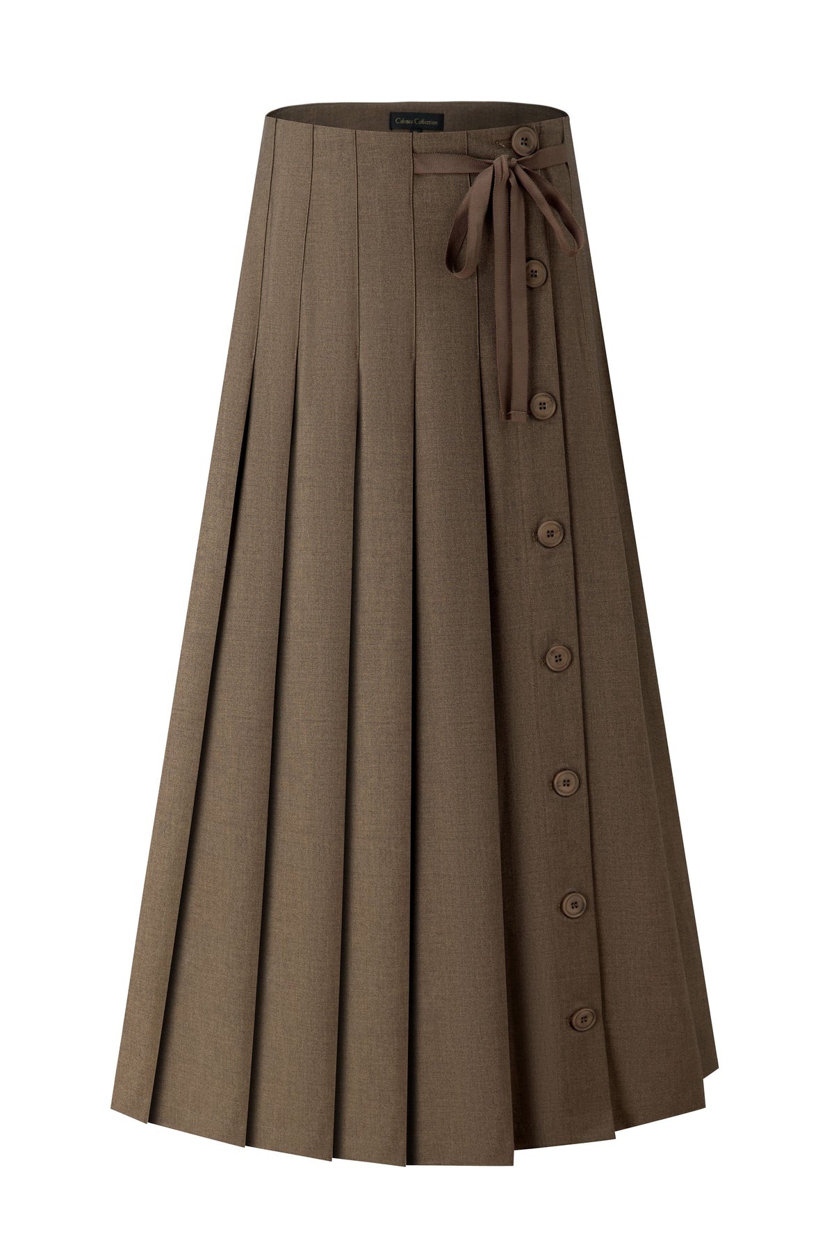 Brown pinstripe pleated maxi skirt with button-front and bow waist tie