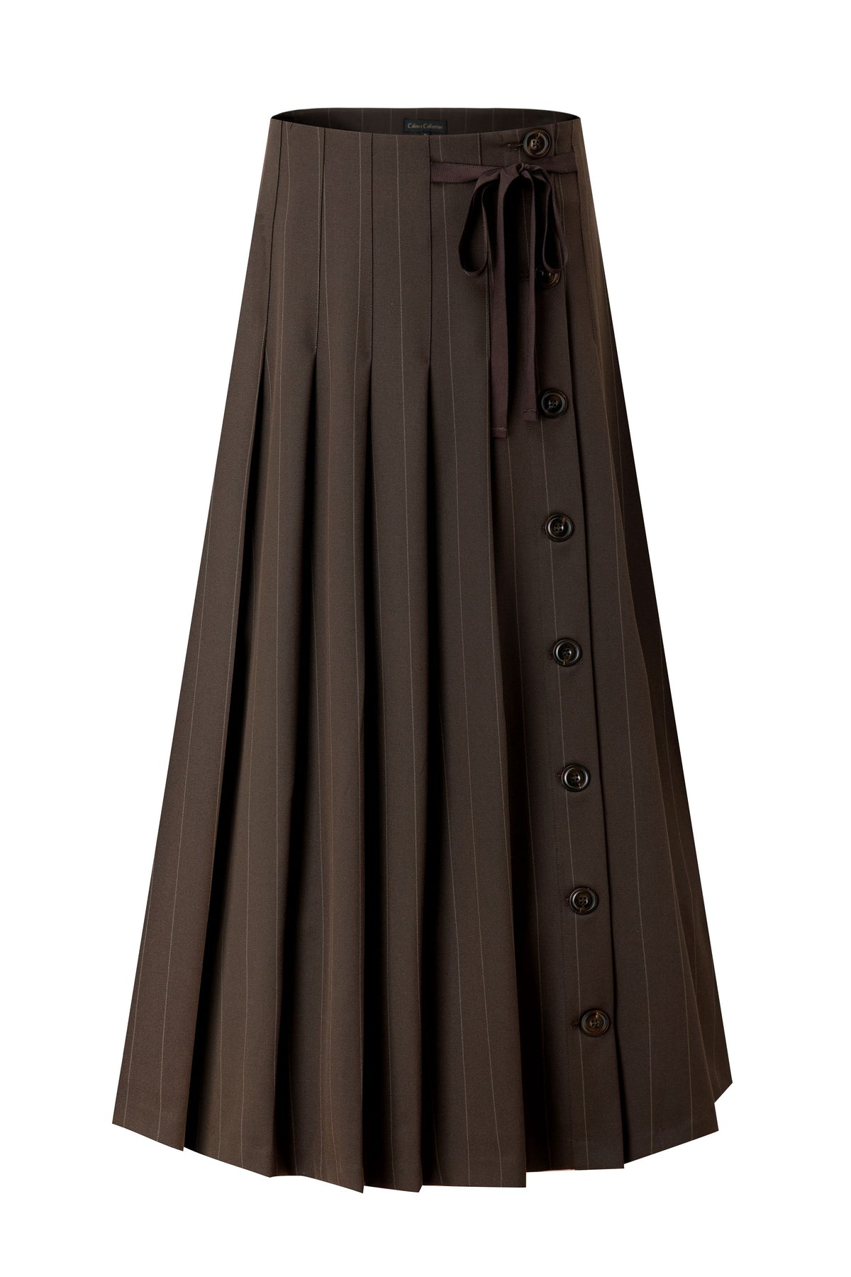 Dark brown pinstripe pleated maxi skirt with front button placket and tie belt