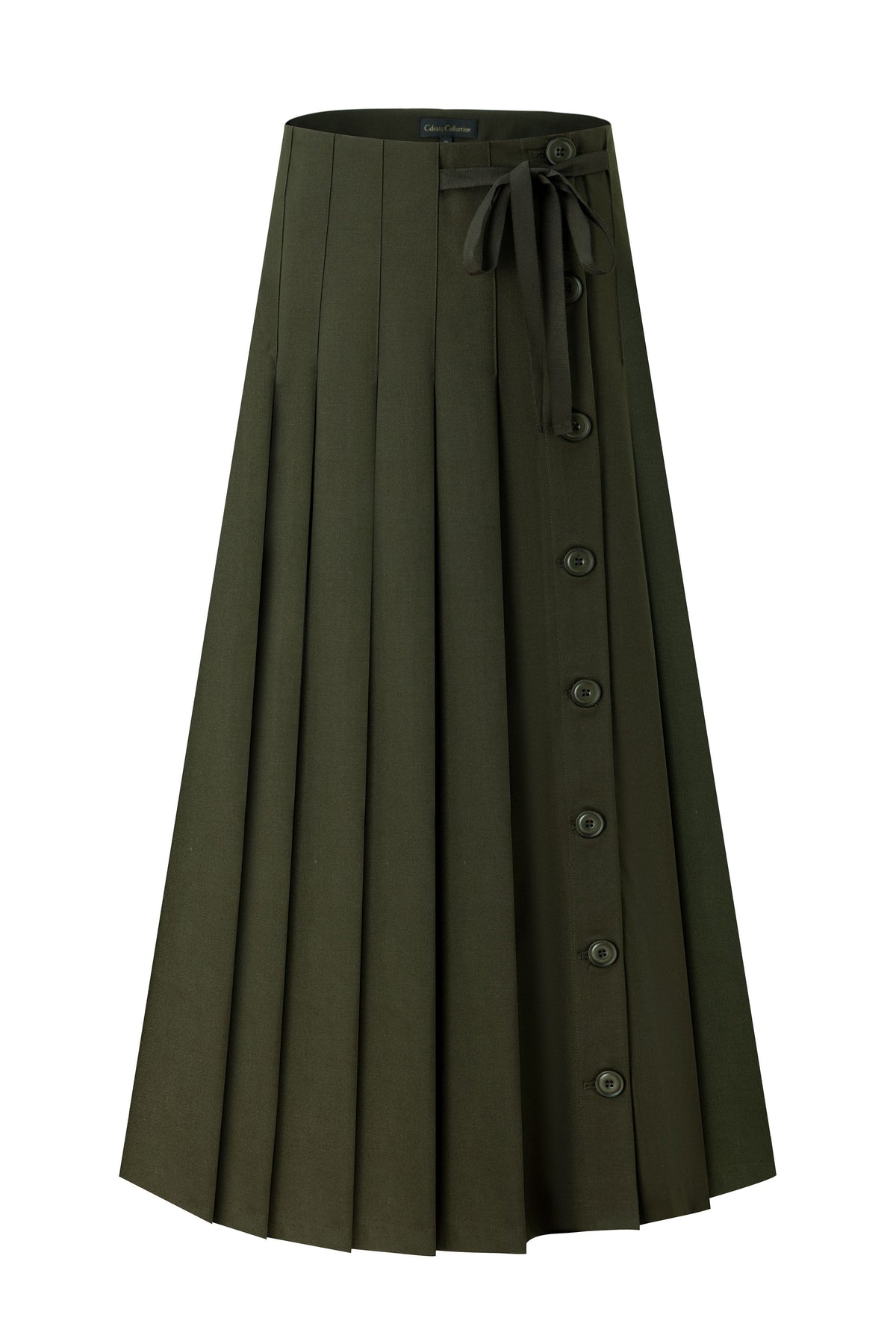 37" Green Pinstripe Button Detail Pleated Maxi Skirt