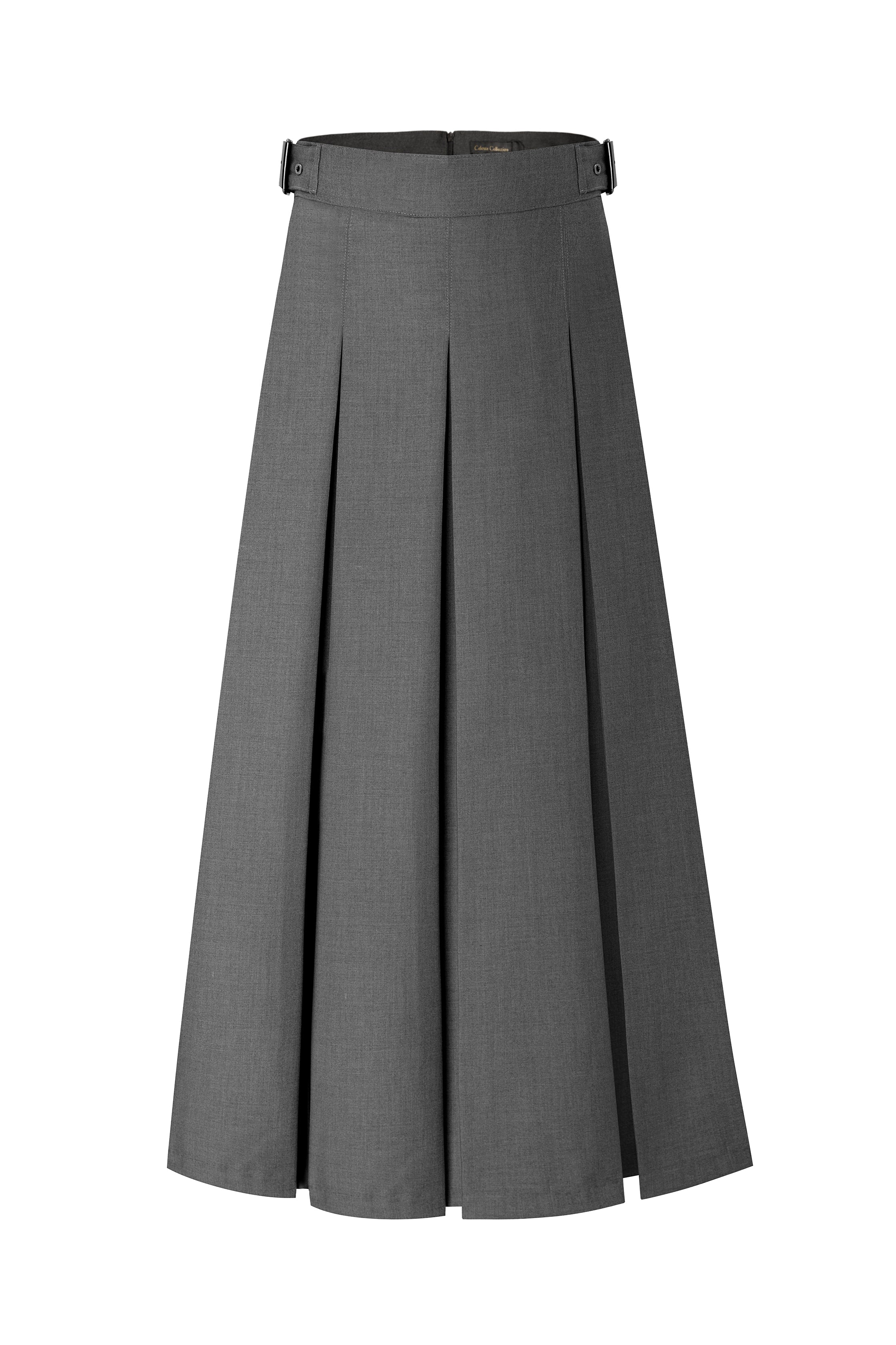 37" Grey Belted Pleated Midi Skirt