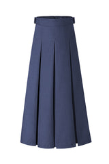 37" Navy Belted Pleated Midi Skirt