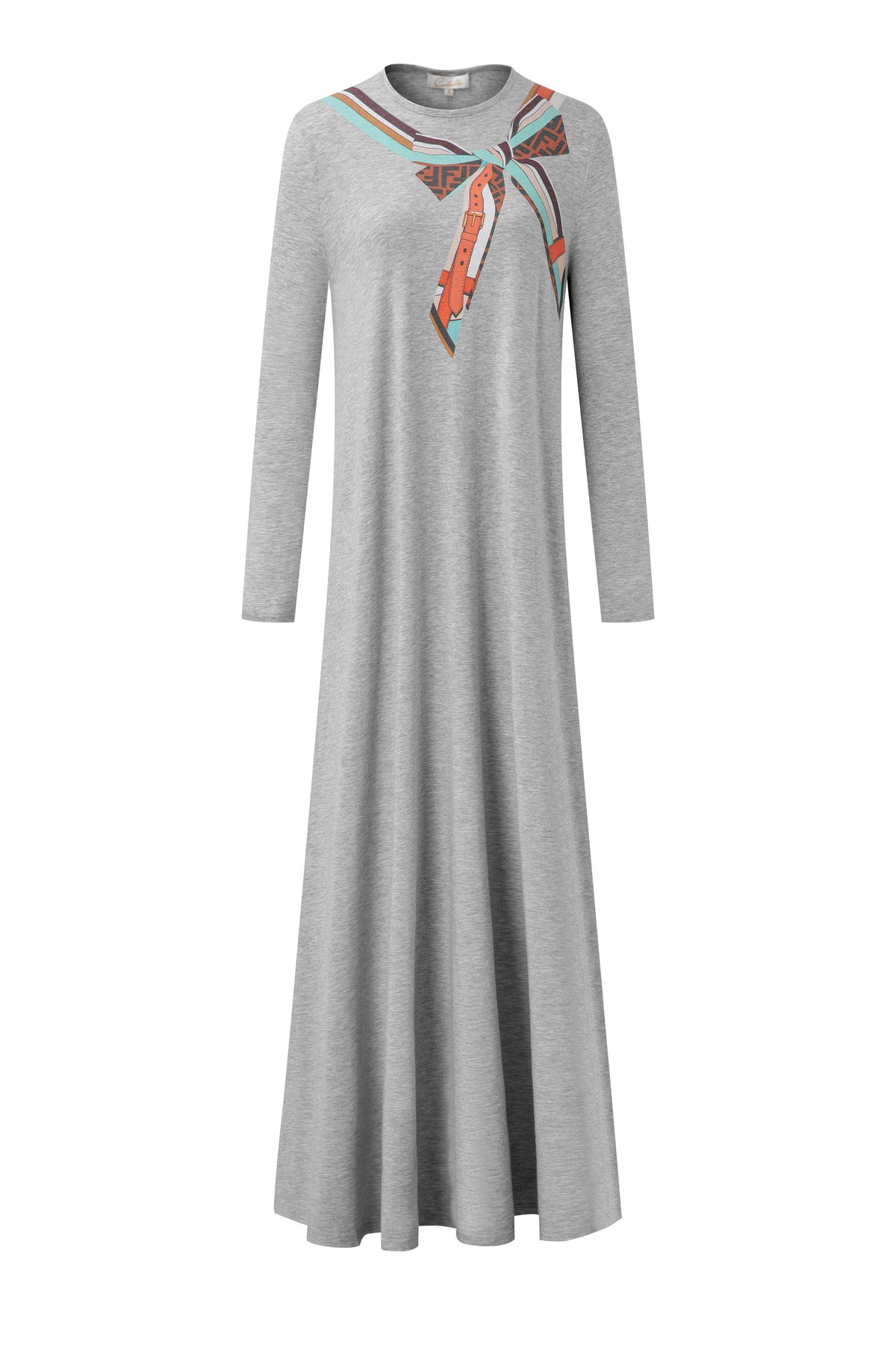 Heather gray nightgown with long sleeves, floor-length A-line skirt, and colorful scarf print at the neck