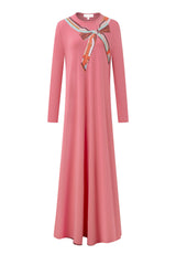 Pink long-sleeve nightgown with a floor-length skirt and scarf-print neckline detail