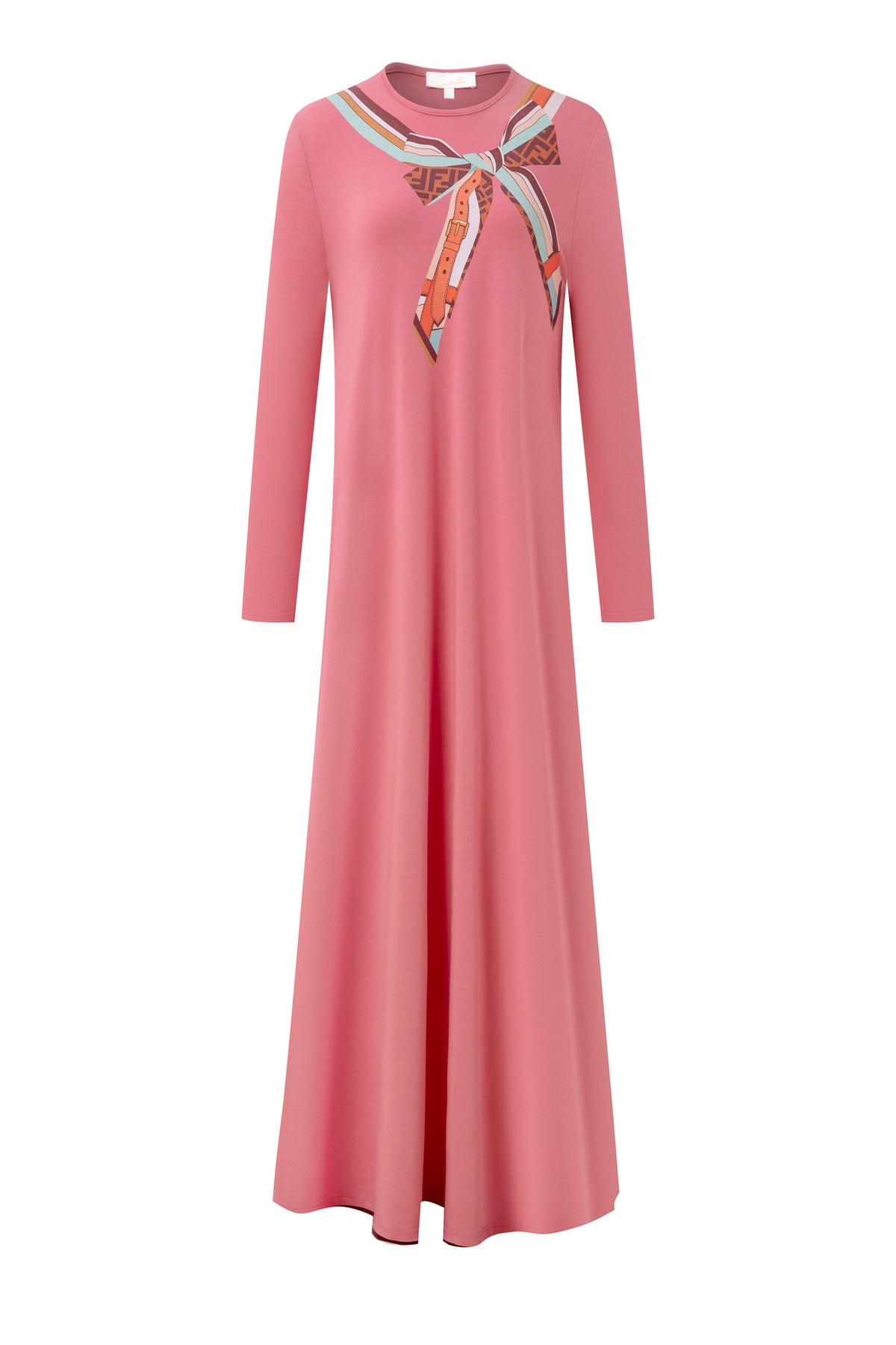 Pink long-sleeve nightgown with a floor-length skirt and scarf-print neckline detail
