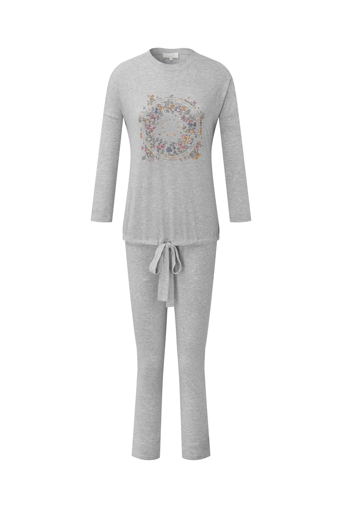 Grey pajama set with long-sleeve top, drawstring pants, and floral medallion print