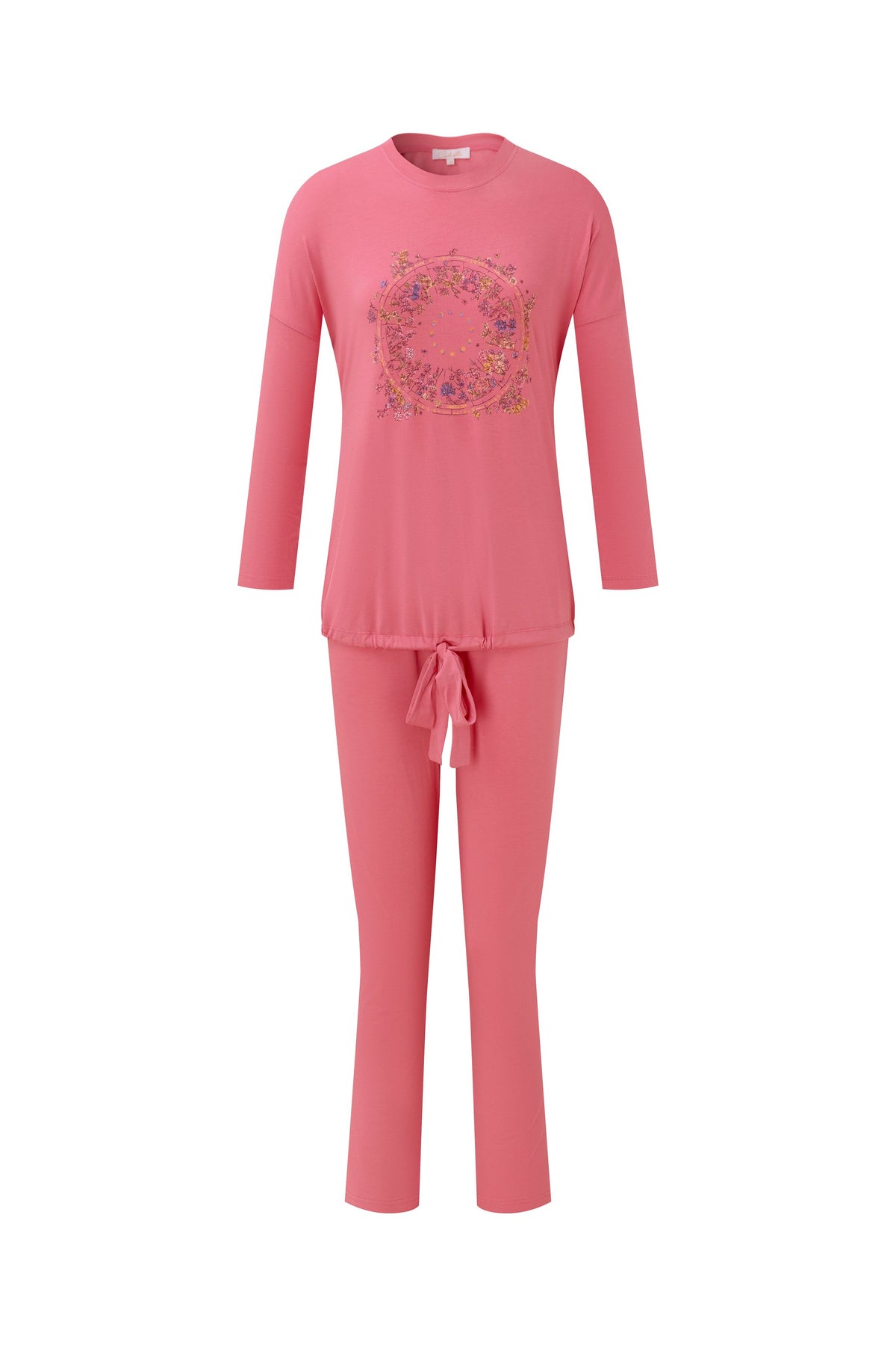 Pink pajama set with a long-sleeve top, drawstring pants, and floral medallion print