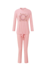 Pink floral medallion pajama set with long-sleeve top and drawstring pants, shown flat