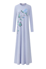 Long-sleeve blue nightgown with a floral branch print and gently flared skirt
