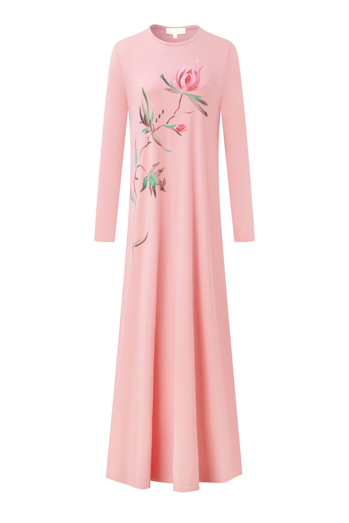 Long-sleeve pink nightgown with a flowing skirt and floral branch print