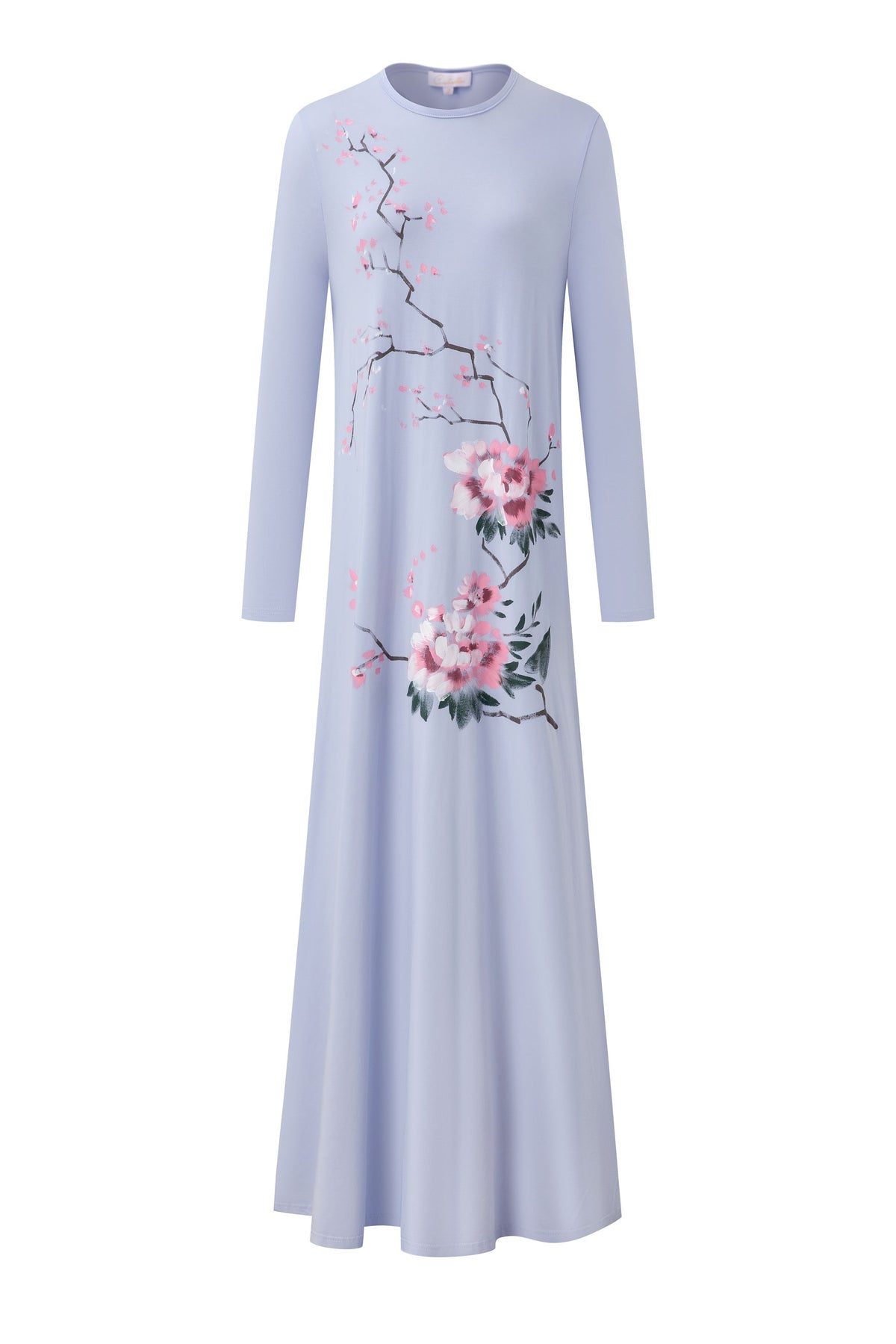 Light blue floral nightgown with long sleeves, a round neckline, and a flowing ankle-length skirt