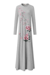 Heather gray floral nightgown with long sleeves, crew neck, and full-length skirt