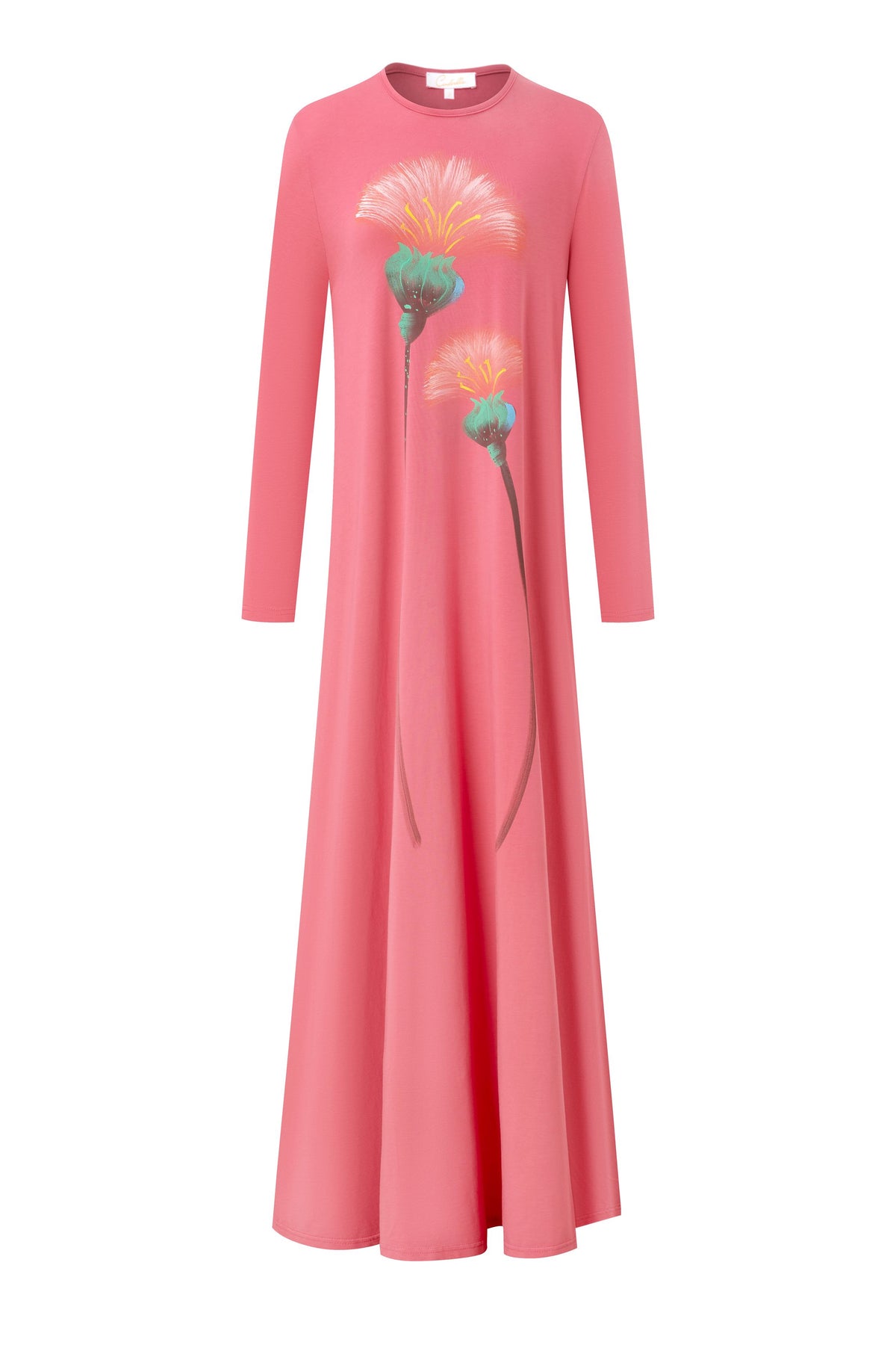 Front view of a pink long-sleeve nightgown with a floor-length skirt and flower print