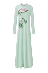 Long-sleeve mint green nightgown with a pink lily floral print and floor-length skirt