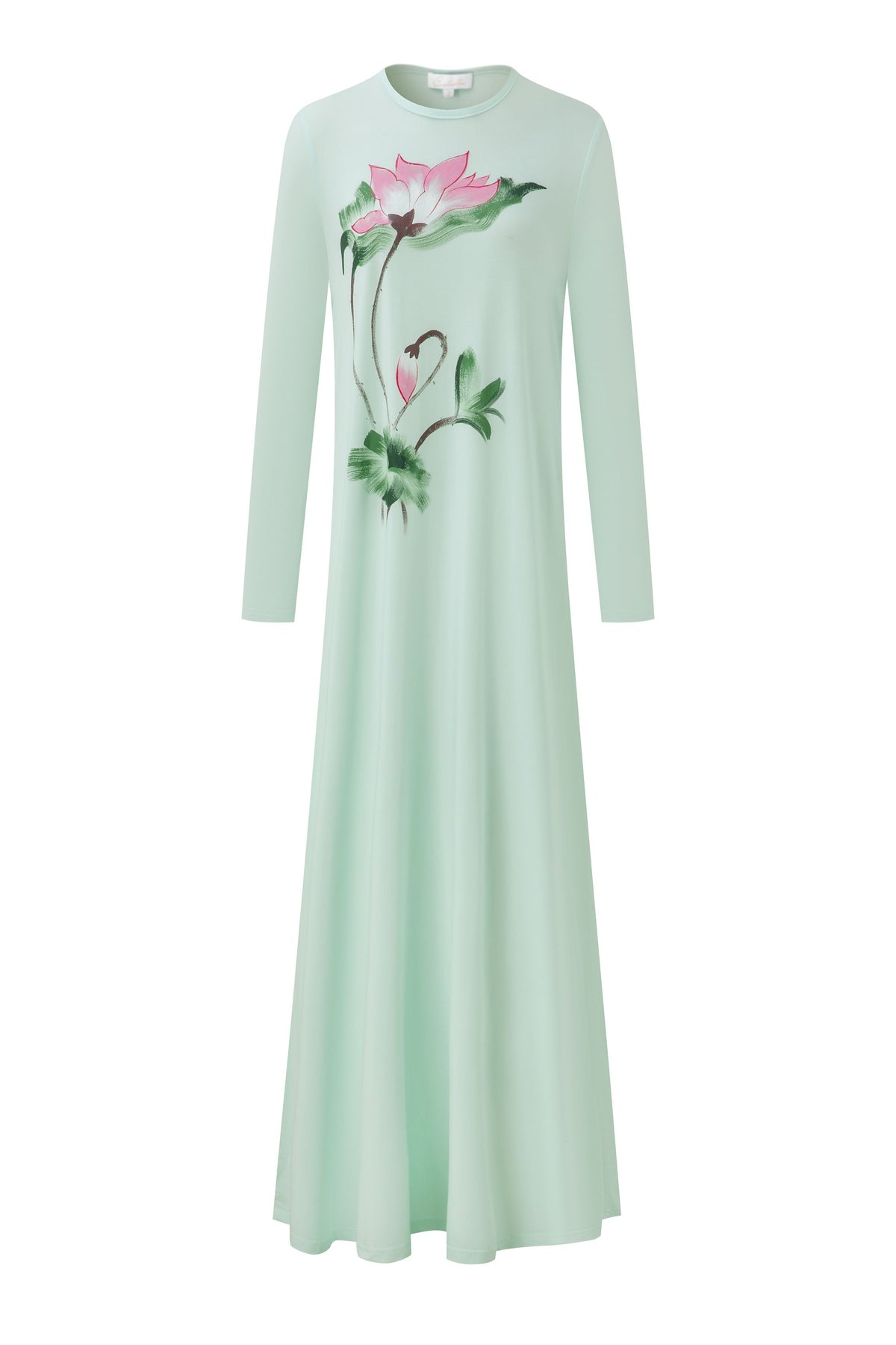 Long-sleeve mint green nightgown with a pink lily floral print and floor-length skirt
